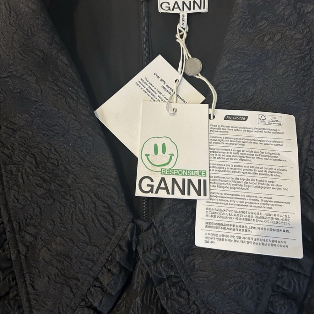 Ganni Ruffled Collar Black Long Sleeve Mini Dress - Picture 6 of 6